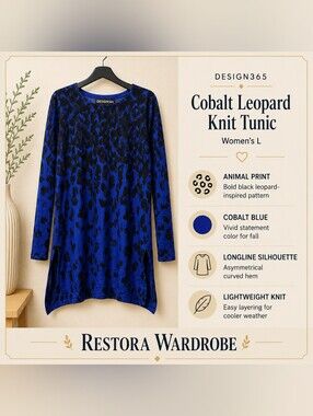 Design365 Maximalist Leopard Print Sweater Tunic L Cobalt Blue Black Knit